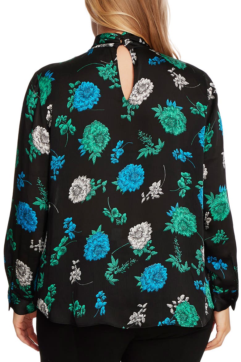 Floral Lagoon Twist Keyhole Neck Long Sleeve Blouse, Alternate, color, RICH BLACK