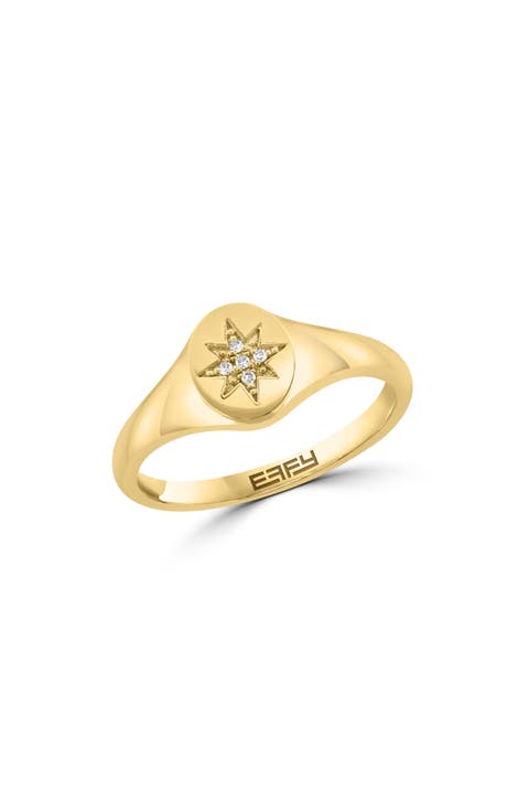 14K Gold Diamond Starburst Signet Ring
