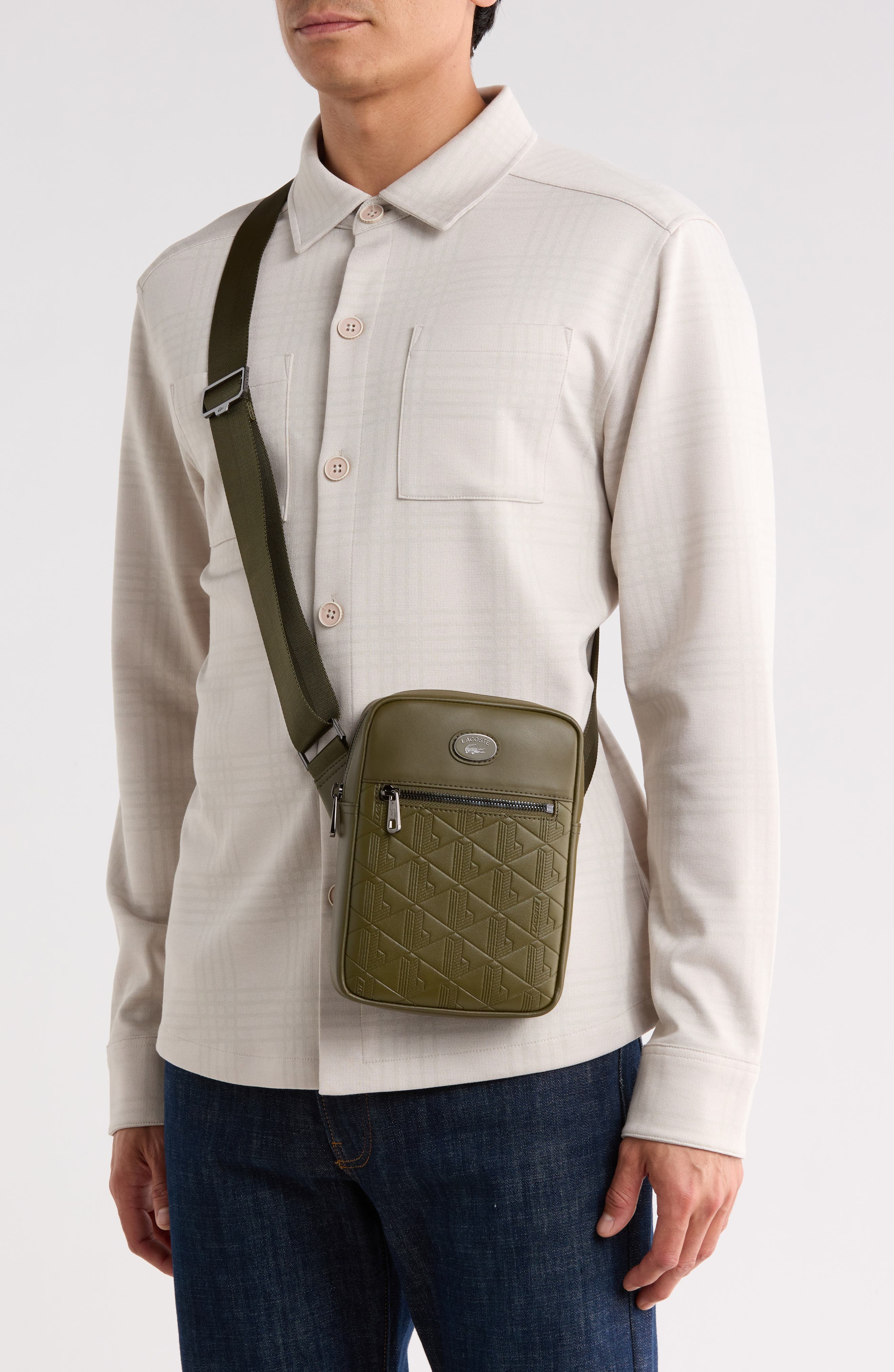 Nomogramme Monogram Embossed Faux Leather Messenger Bag, Alternate, color, IVY GREEN