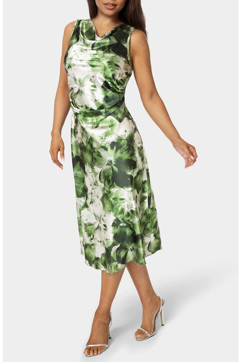 Floral Cowl Neck Sleeveless Satin Midi Dress, Alternate, color, OLIVE / MULTI