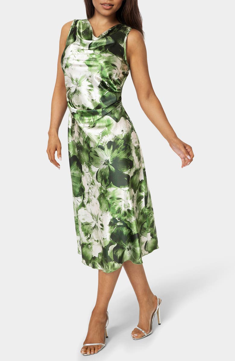 bebe Floral Cowl Neck Sleeveless Satin Midi Dress, Alternate, color, Olive / Multi