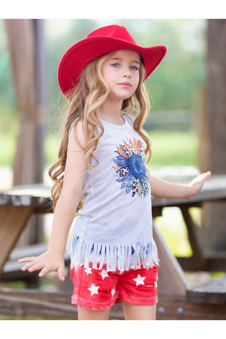 Girls American Flower Denim Shorts Set, Alternate, color, Grey