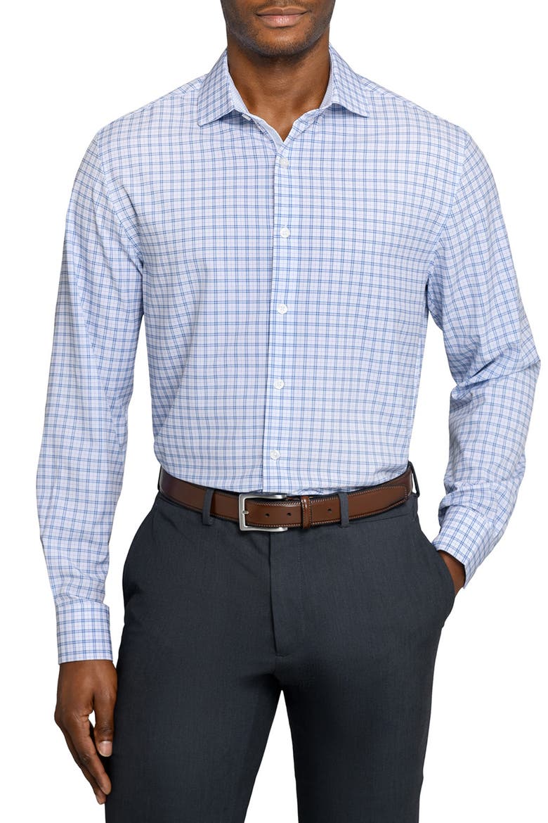 Regular Fit Blue Check Performance Dress Shirt, Main, color, WHITE/ BLUE