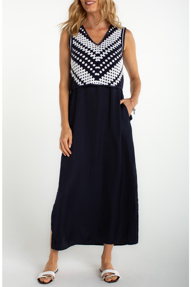 Crochet Bodice Sleeveless Maxi Dress, Main, color, NAVY W/ WHITE
