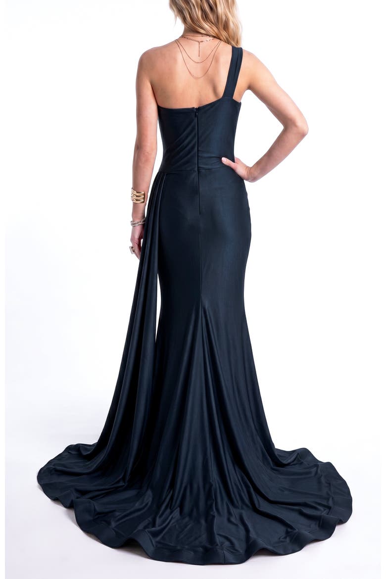 One-Shoulder Draped Satin Mermaid Gown With Side Cascade, Alternate, color, Black