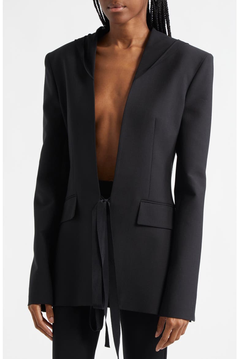 Tie Front Stretch Hooded Blazer, Alternate, color, BLACK