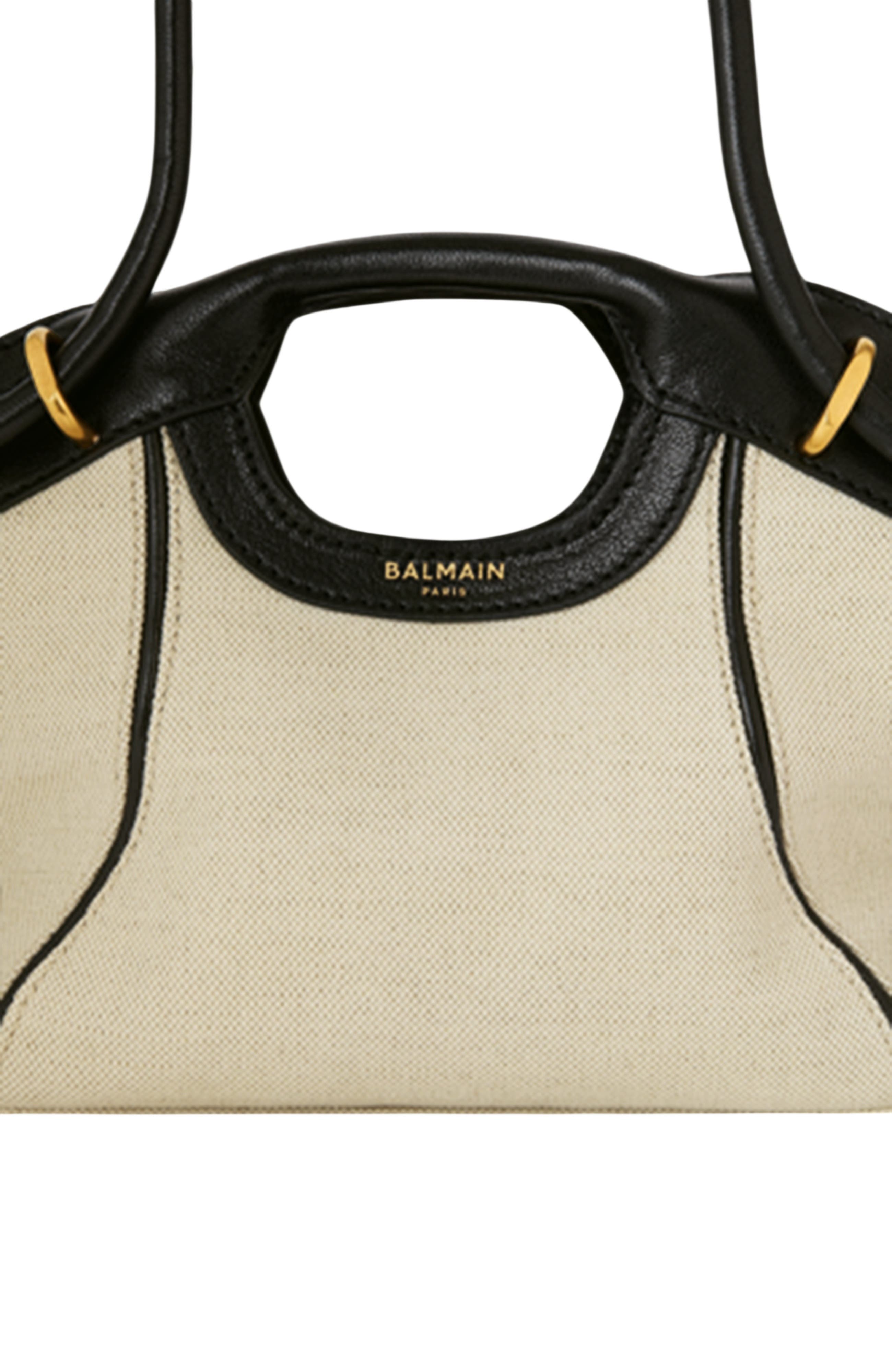 Balmain Small Tote in smooth leather and canvas, Alternate, color, Beige