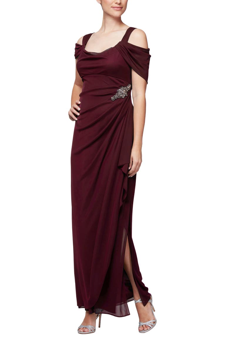Embellished Cold Shoulder Column Evening Gown, Alternate, color, WINE