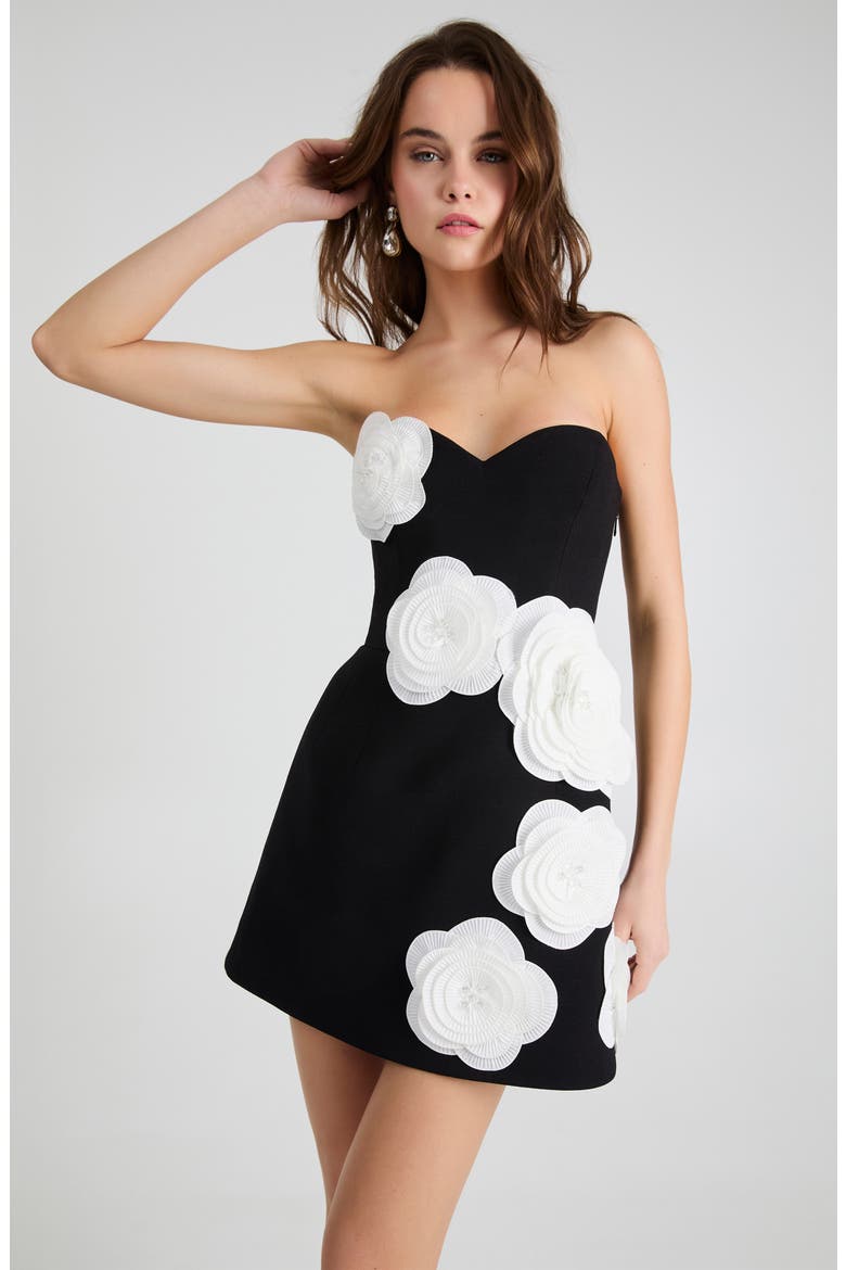 Gia Floral Appliqué Strapless Minidress, Alternate, color, BLACK/ OFF WHITE