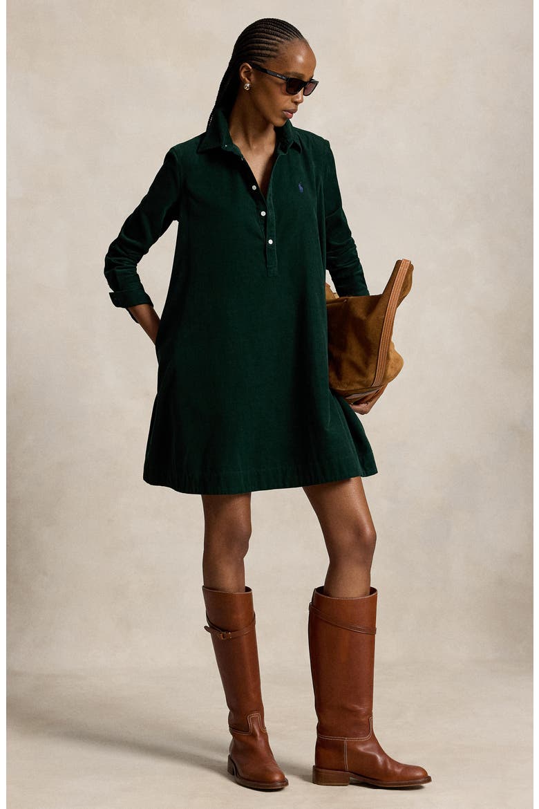Pleated Cotton Corduroy Shirtdress, Alternate, color, GREEN