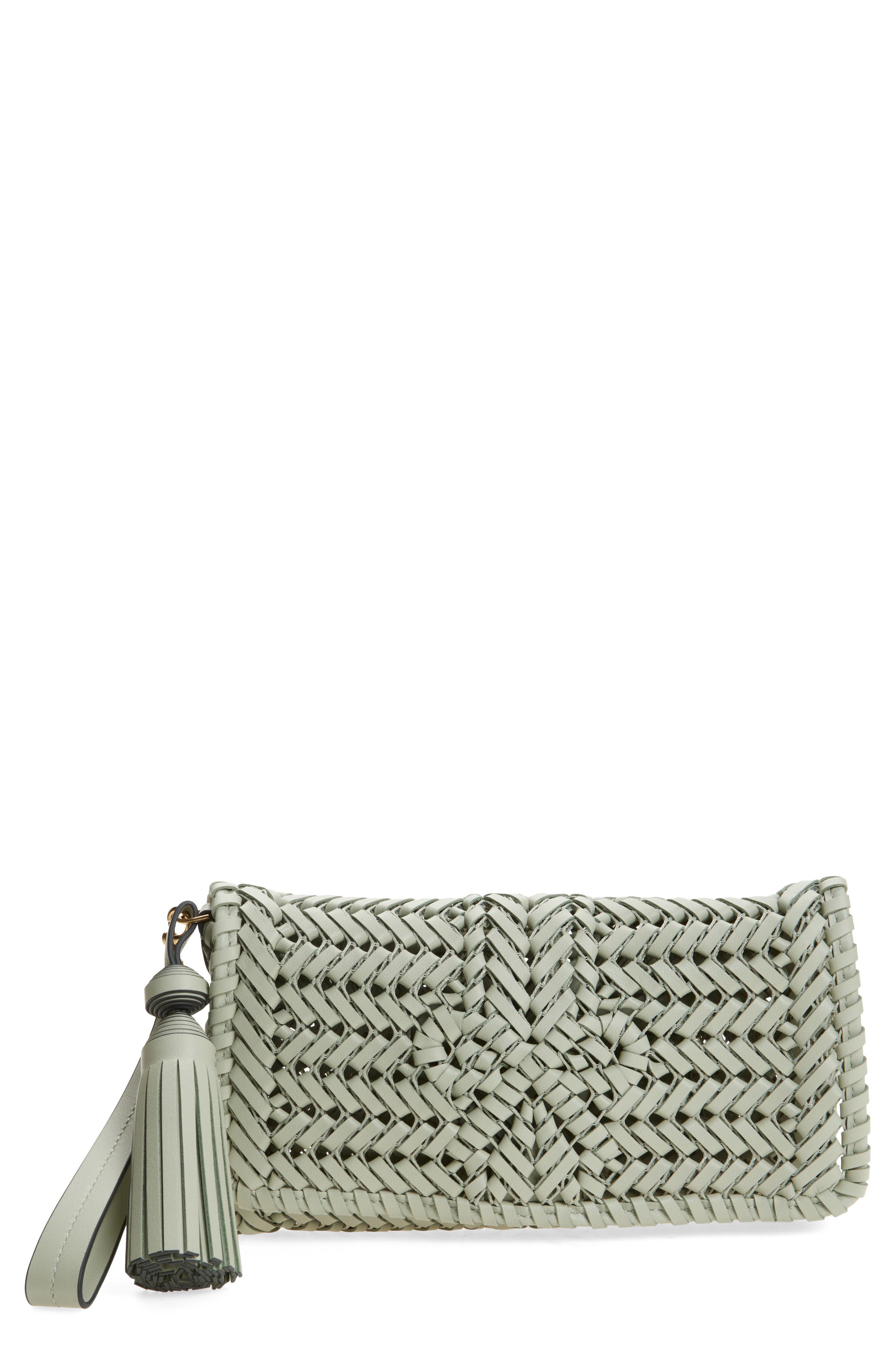 Anya Hindmarch Neeson Herringbone Woven Leather Tassel Clutch, Main, color, Iceberg