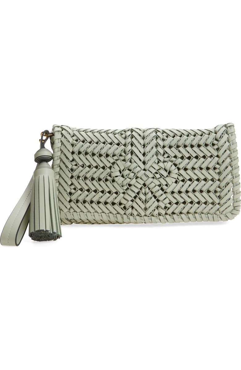 Anya Hindmarch Neeson Herringbone Woven Leather Tassel Clutch, Main, color, Iceberg