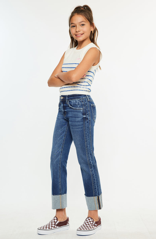 Kancan Gisela Mid Rise Kids Cropped Straight Jeans In Multi