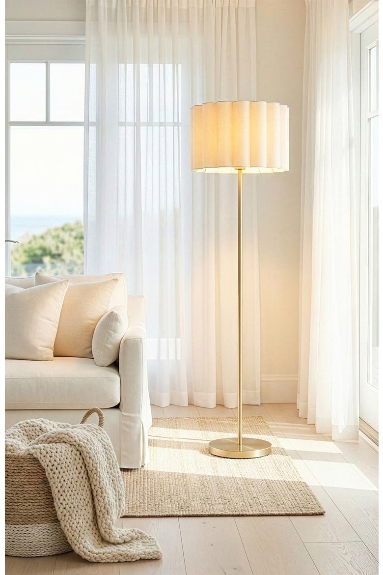 Estelle 65" Polished Brass LED Floor Lamp with Scalloped Ivory Cotton Drum Shade, Bulb Included, Alternate, color, Polished Brass