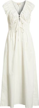 WAYF Liv Ruched Stretch Cotton Poplin Midi Dress
