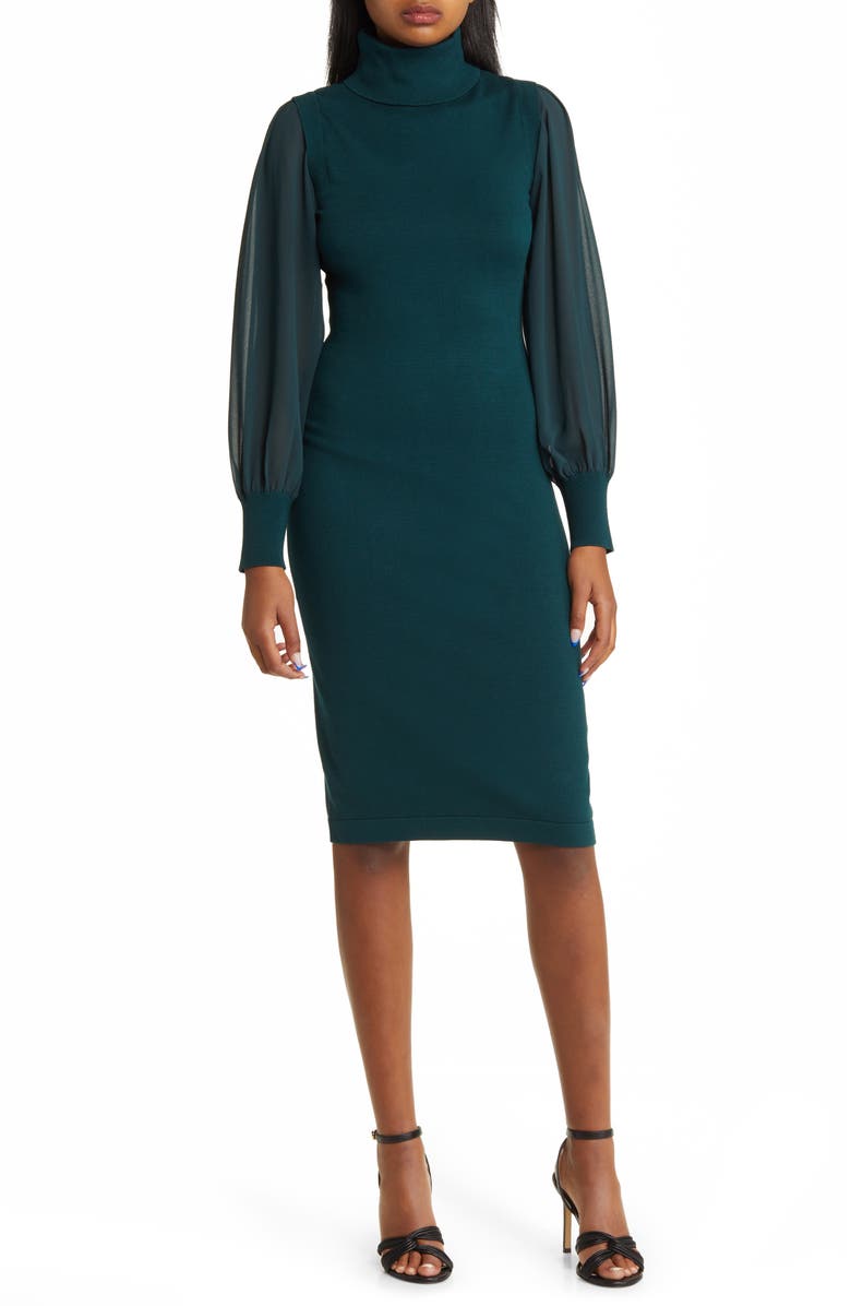 Vince Camuto Chiffon Long Sleeve Turtleneck Sweater Dress, Main, color, Spruce
