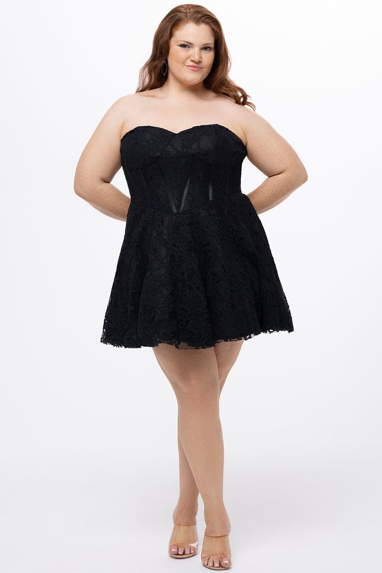 Strapless Lace Bustier Plus Size Party Dress, Alternate, color, Black