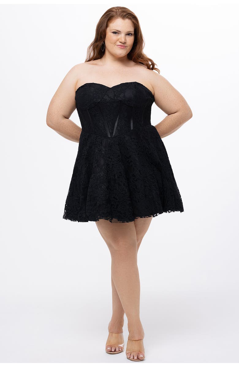 Celebrations by Sydney's Closet Strapless Lace Bustier Plus Size Party Dress, Alternate, color, Black