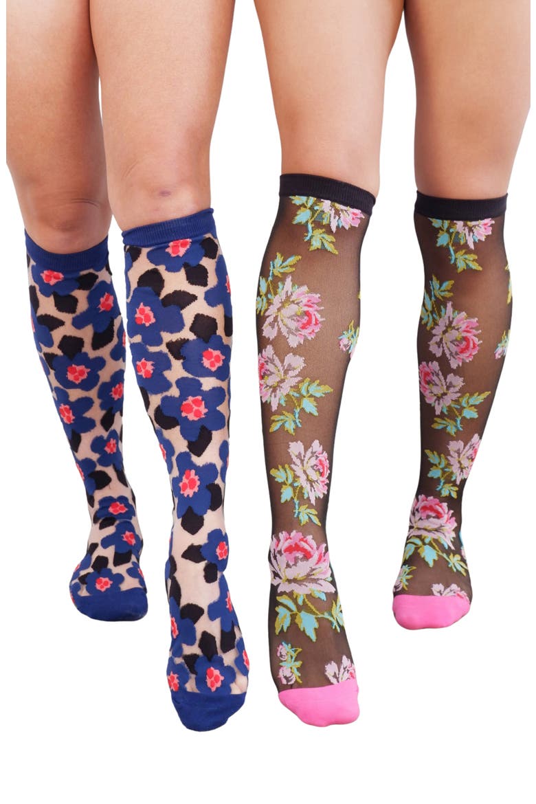 2-Pack Floral Sheer Knee High Socks, Alternate, color, BLUE/ BLACK