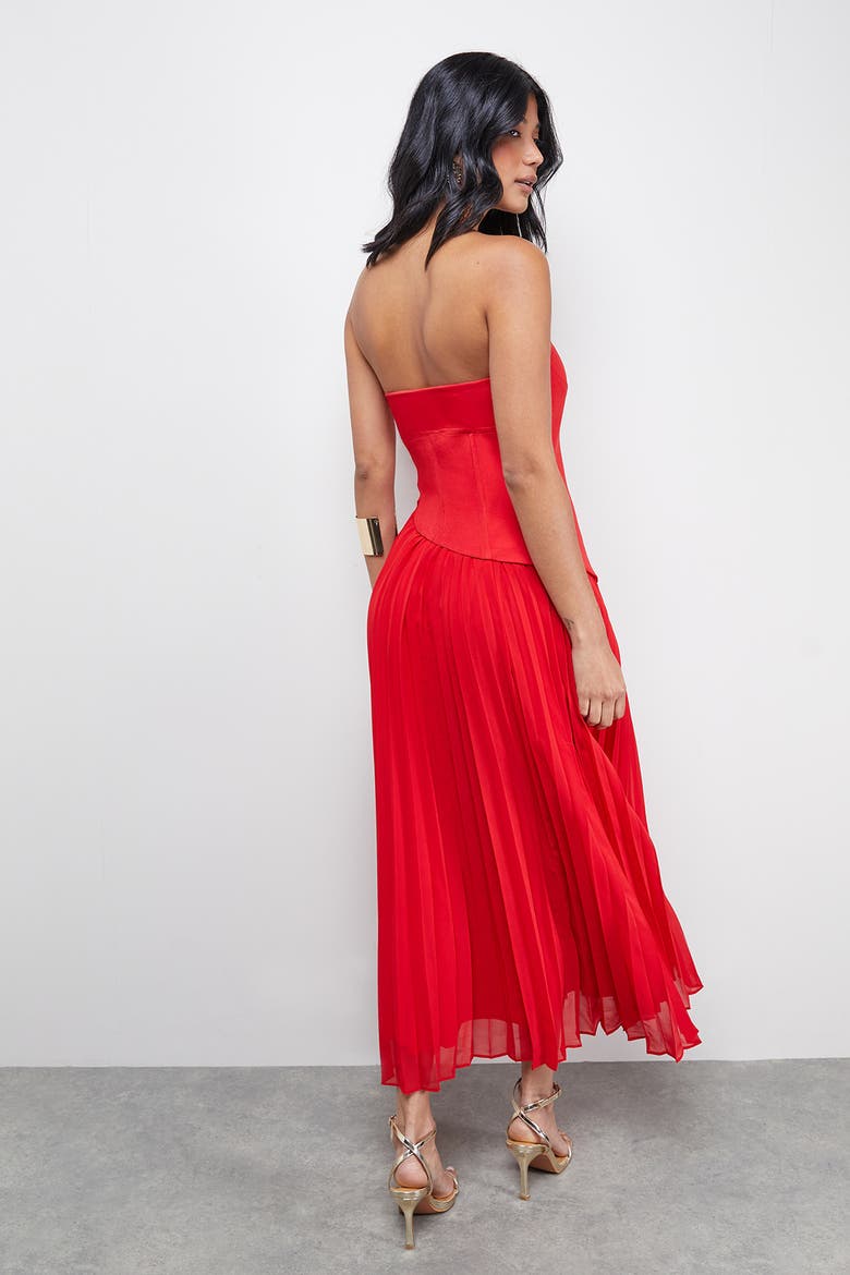 Bandeau Bodice Pleated Midi Dress, Alternate, color, Red