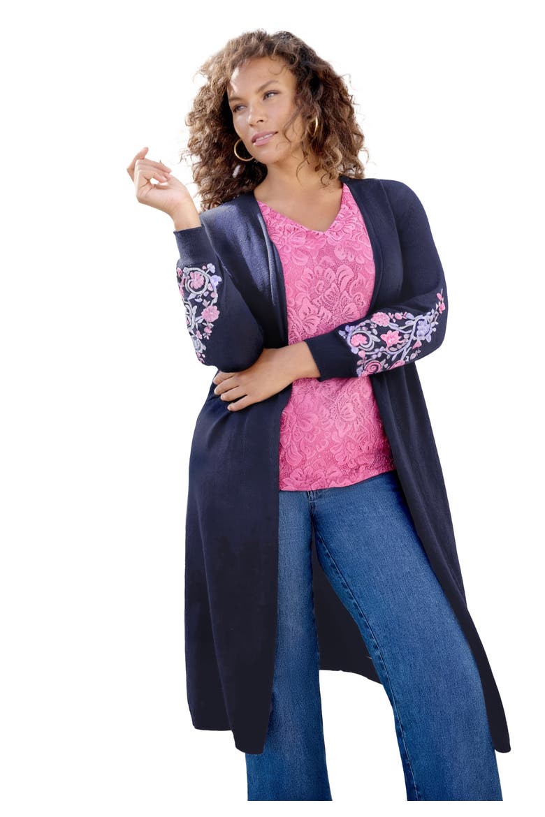 Embroidered Duster Cardigan, Main, color, NAVY BLOOM VINE