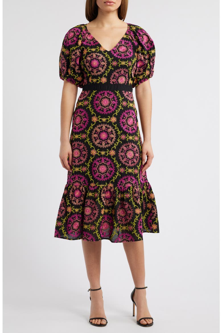 Embroidered Puff Sleeve Midi Dress, Main, color, BLACK/ PINK