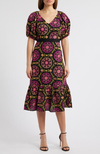 Sam Edelman Embroidered Puff Sleeve Midi Dress In Multi