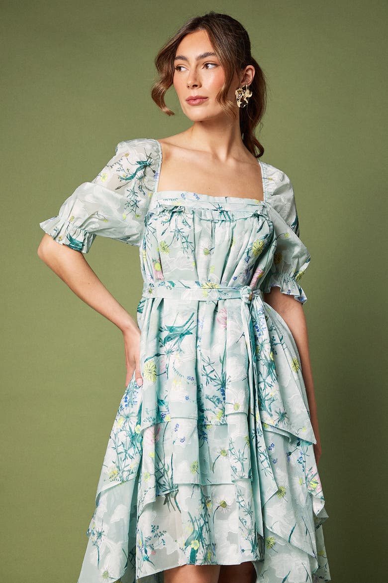 Short Sleeve Printed Chiffon Midi Dress, Alternate, color, Green