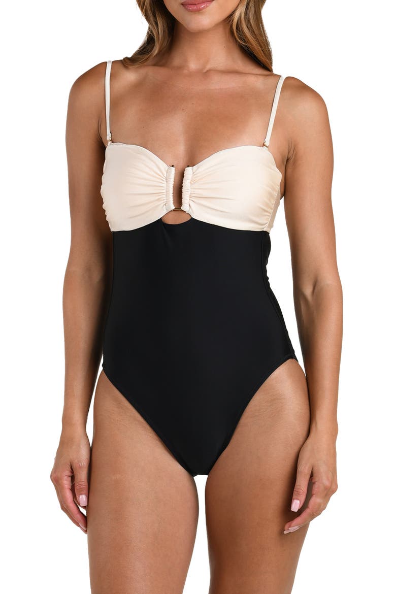Emilia Colorblock Bandeau One-Piece Swimsuit, Main, color, BLACK