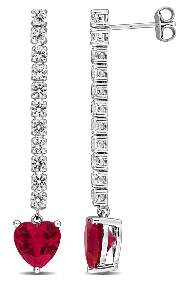 Sterling Silver Lab Grown White Sapphire & Ruby Heart Drop Earrings, Main, color, RED