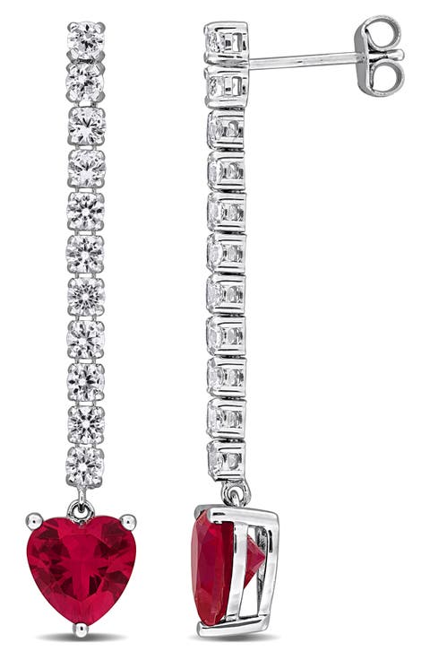 Sterling Silver Lab Grown White Sapphire & Ruby Heart Drop Earrings