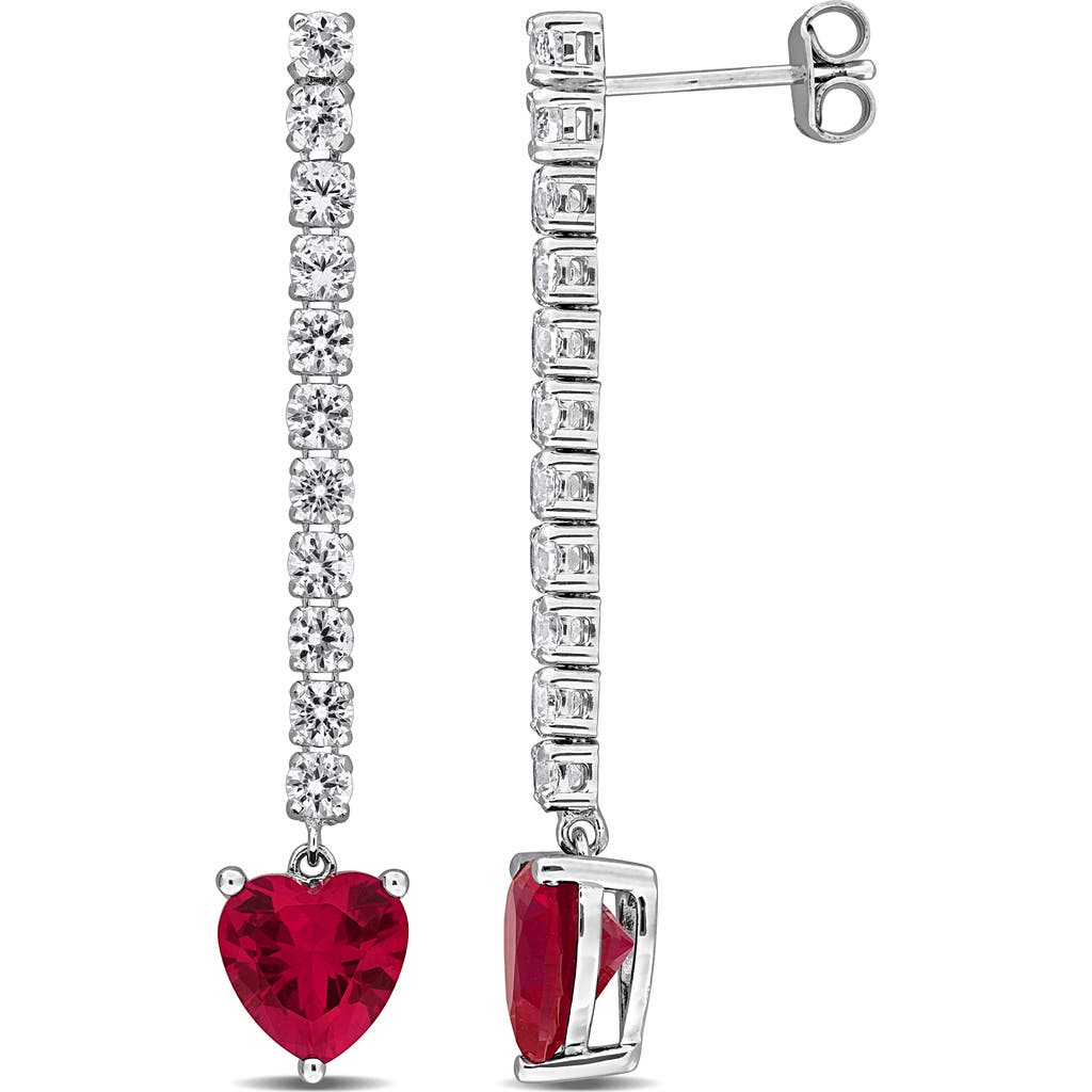 Delmar Sterling Silver Lab Grown White Sapphire & Ruby Heart Drop Earrings In Red
