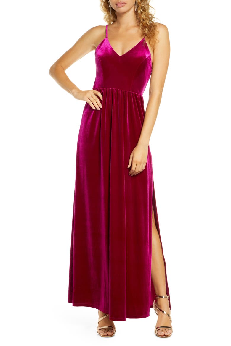 Final Song Strappy Back Velvet Gown, Main, color, MAGENTA