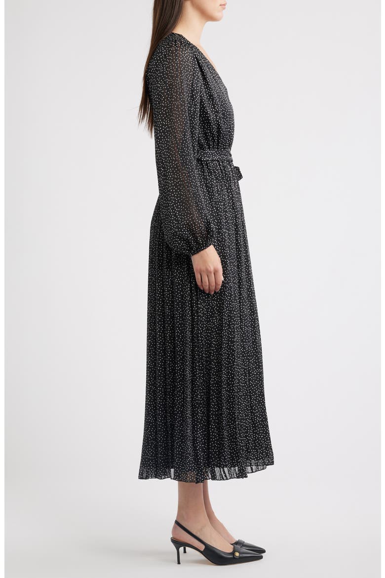 Polka Dot Metallic Thread Long Sleeve Pleated Dress, Alternate, color, BLACK