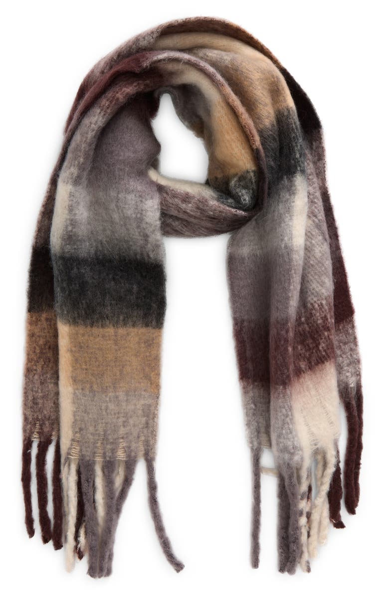 BP. Fringe Blanket Scarf, Alternate, color, Brown Plaid