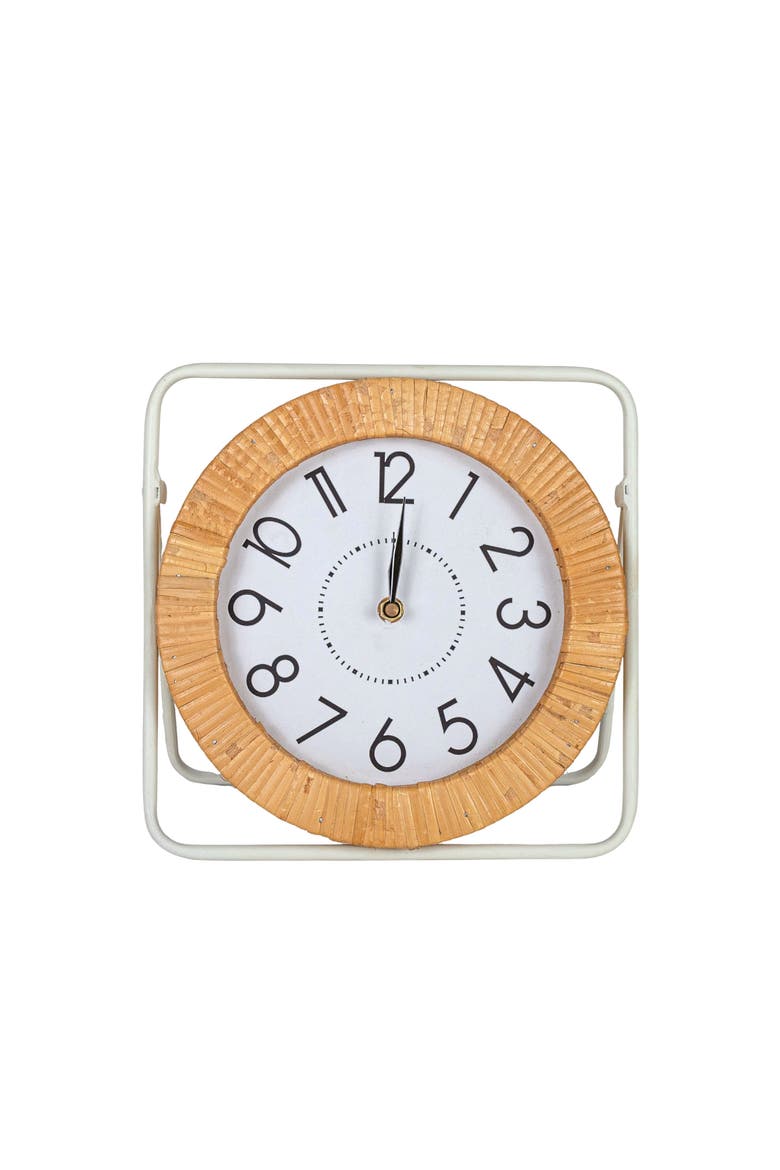 Tabletop Clock White Metal MDF & Rattan, Main, color, White