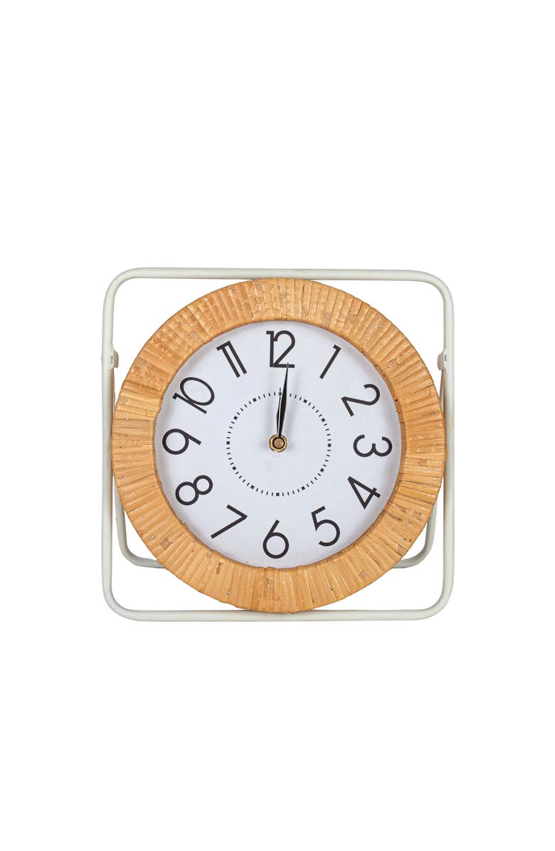 Foreside Home and Garden Tabletop Clock White Metal MDF & Rattan, Main, color, White