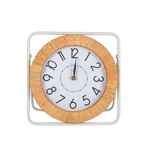 Tabletop Clock White Metal MDF & Rattan