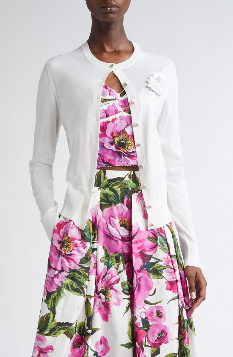 Dolce&Gabbana Floral Appliqué Silk Crewneck Cardigan, Main, color, Bianco Ottico