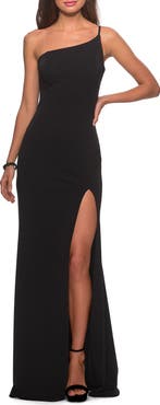 La Femme One Shoulder Long Jersey Homecoming Dress