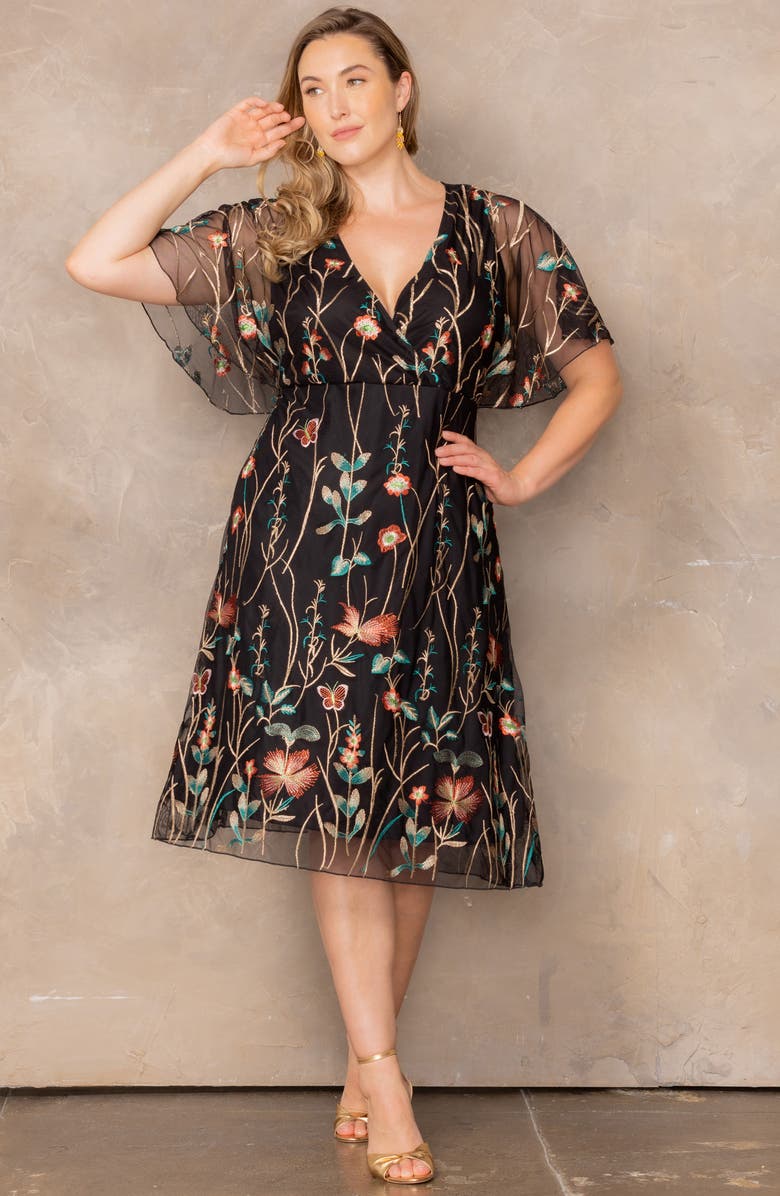 Kiyonna Sonnet Embroidered Midi Dress, Alternate, color, Onyx