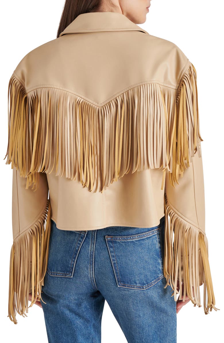 Steve Madden Halia Fringe Trim Faux Leather Jacket, Alternate, color,