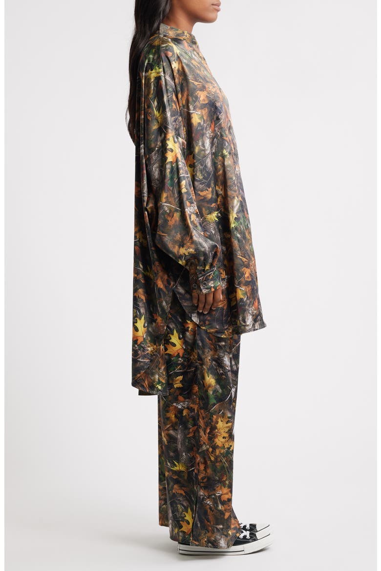 Camo Leaf Print Oversize Satin Button-Up Shirt & Pants Set, Alternate, color, CAMO