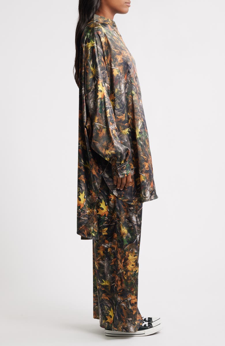 Dressed in Lala Camo Leaf Print Oversize Satin Button-Up Shirt & Pants Set, Alternate, color, Camo