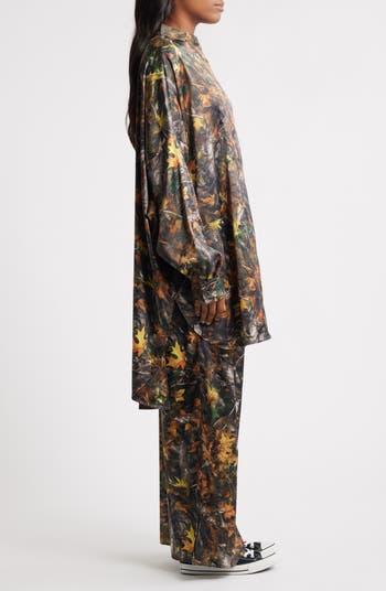 Camo Leaf Print Oversize Satin Button-Up Shirt & Pants Set