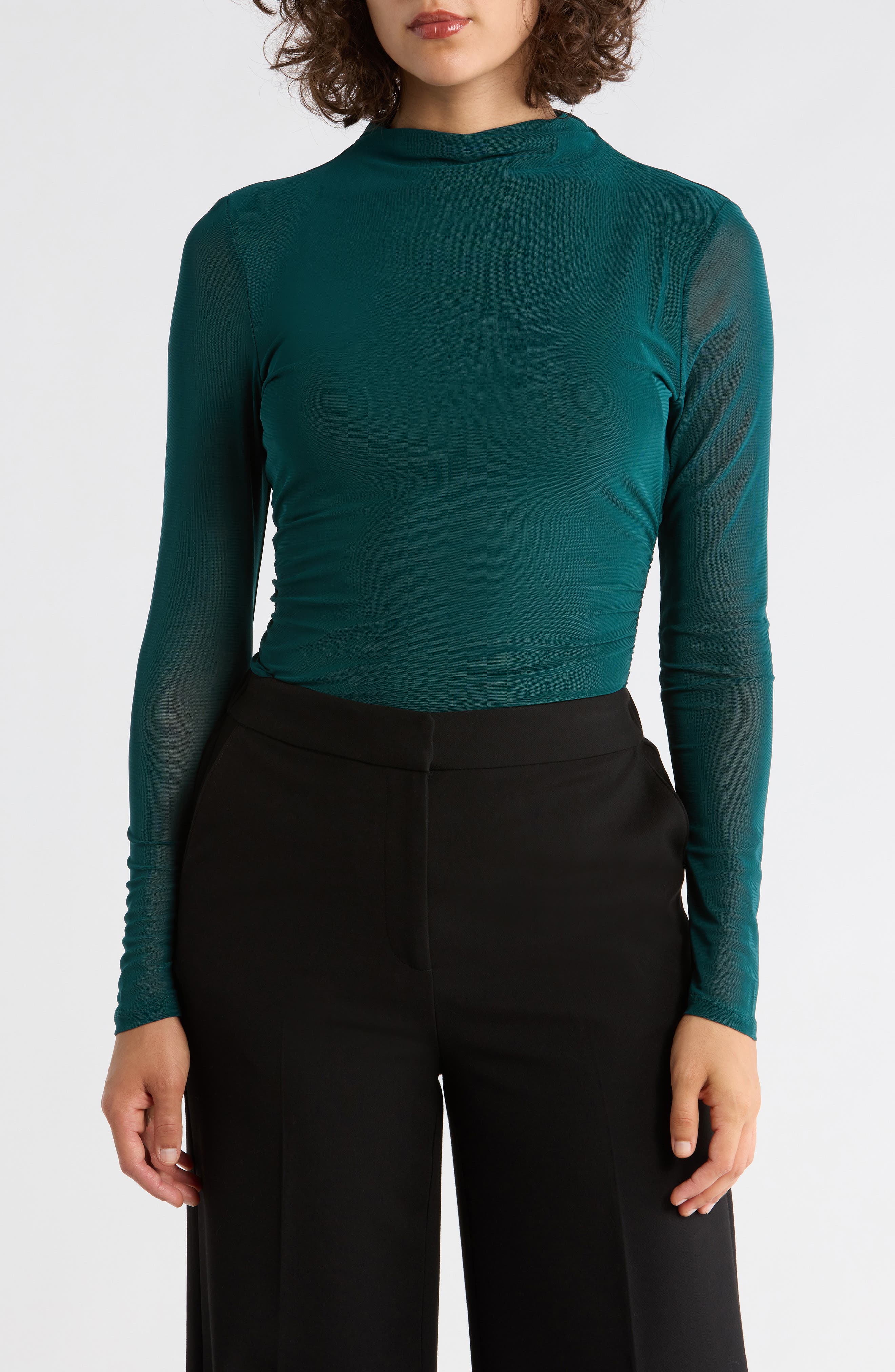 Long Sleeve Mesh Mock Neck Top