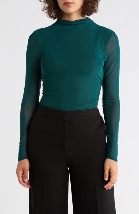 Long Sleeve Mesh Mock Neck Top