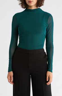 Long Sleeve Mesh Mock Neck Top