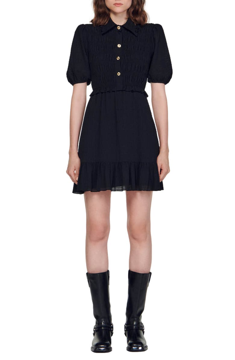 SANDRO Smocked Puff Sleeve Minidress, Main, color, Black