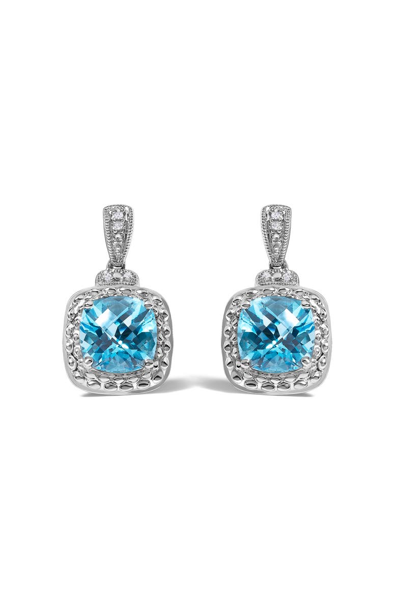 Sterling Silver 8x8mm Cushion Cut Blue Topaz and Diamond Accent Drop Earrings, Main, color, Silver